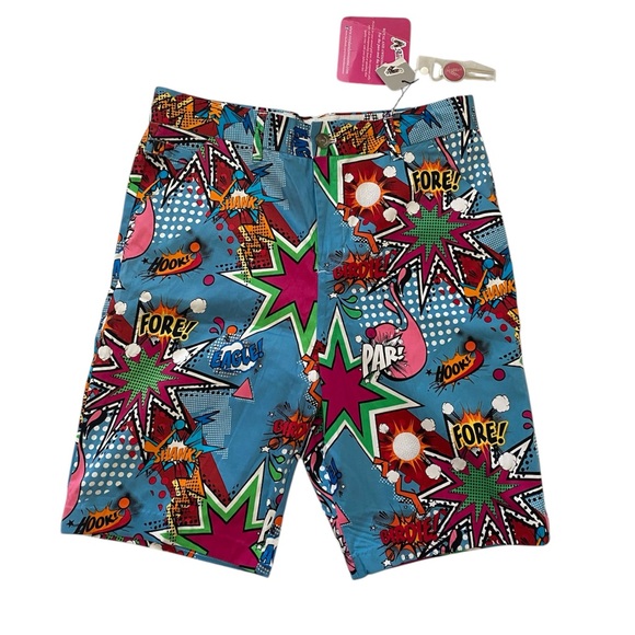 Royal & Awesome Mens Golf Cartoon Comic Book Multicolor Loud Bold Shorts - Picture 1 of 8